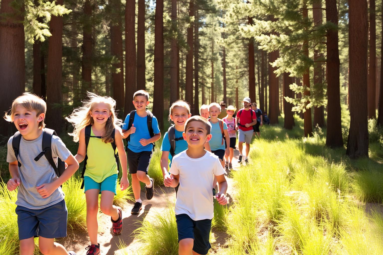 Kids hiking through a sunlit Colorado forest