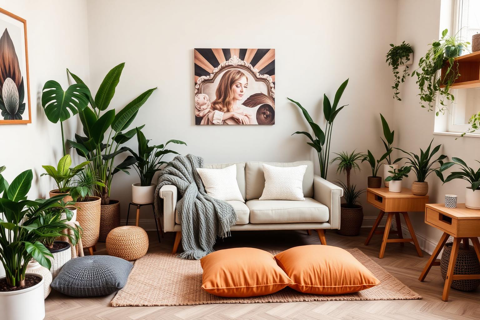 Cozy therapy office with a sofa, plants, floor cushions, and warm natural light